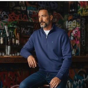 Criquet‎ Mens XL Blue 100% Organic Cotton Quarter Zip Pullover Sweater Pocket